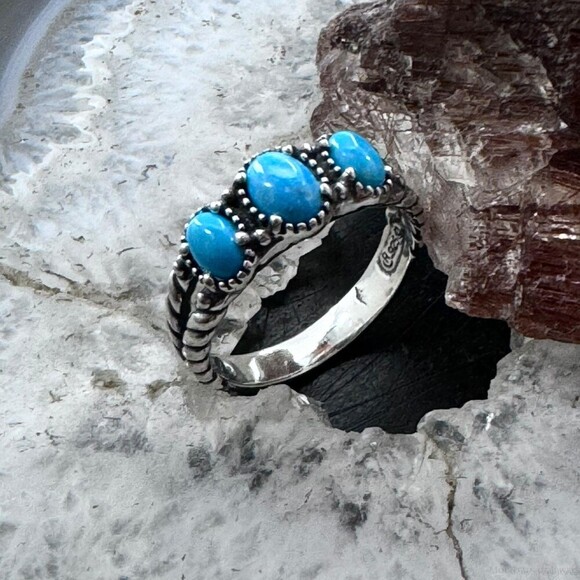 Carolyn Pollack Sterling Silver 3 Oval Turquoise Decorated Ring For Women - Picture 3 of 13
